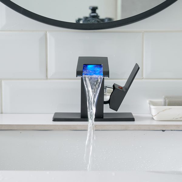 Bathroom Sink Faucet LED Light 3 Colors Changing Waterfall Glass Spout Hot Cold Water Mixer Single Handle - Image 4