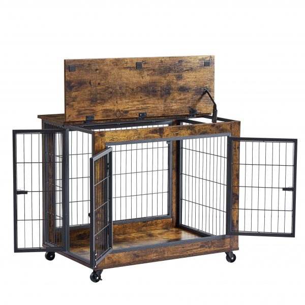 Furniture Style Dog Crate Side Table on Wheels with Double Doors and Lift Top. Rustic Brown
