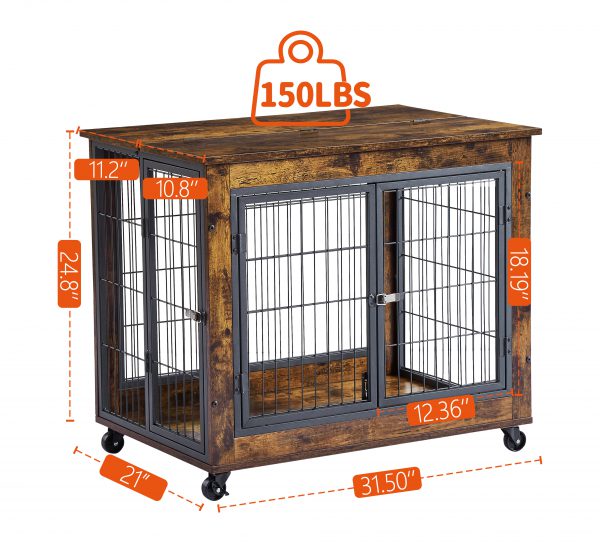 Furniture Style Dog Crate Side Table on Wheels with Double Doors and Lift Top. Rustic Brown - Image 3