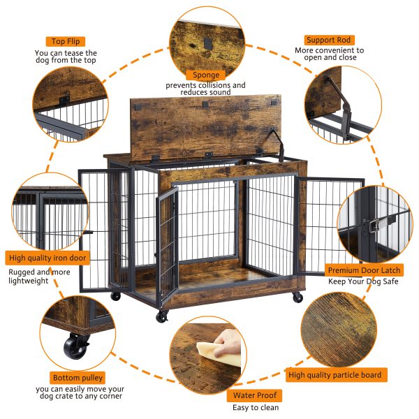 Furniture Style Dog Crate Side Table on Wheels with Double Doors and Lift Top. Rustic Brown - Image 4