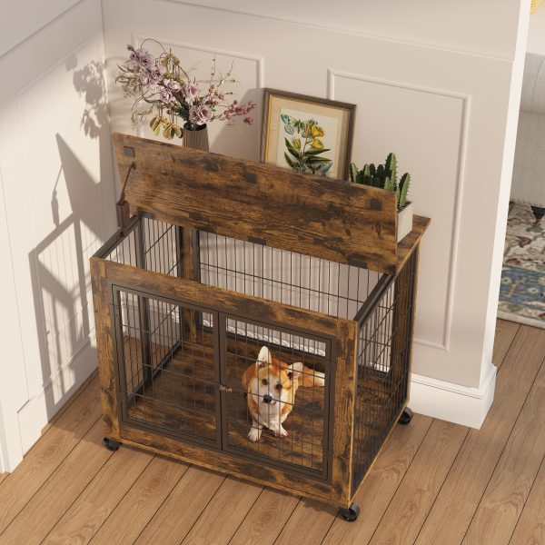 Furniture Style Dog Crate Side Table on Wheels with Double Doors and Lift Top. Rustic Brown - Image 5