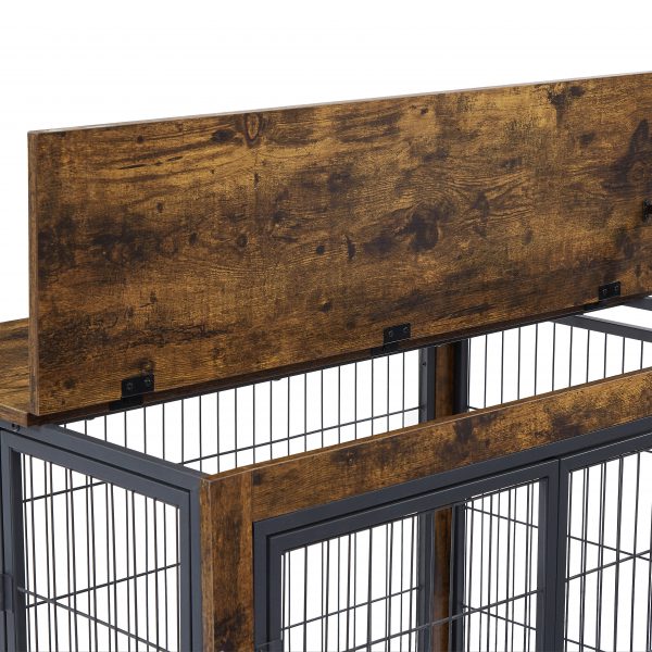 Furniture Style Dog Crate Side Table on Wheels with Double Doors and Lift Top. Rustic Brown - Image 6