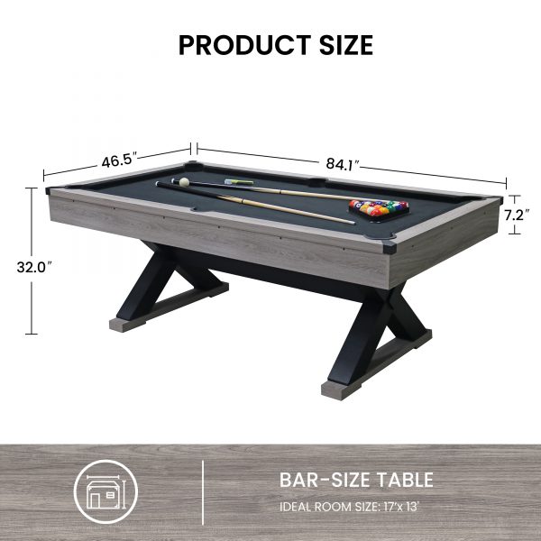 84" Pool Table with Billiard Balls, Cues, Pool Cue Chalk, Cleaning Brush, X-Legs, Black Cloth, Rustic Grey - Image 2