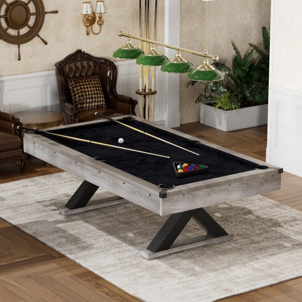 84" Pool Table with Billiard Balls, Cues, Pool Cue Chalk, Cleaning Brush, X-Legs, Black Cloth, Rustic Grey - Image 3