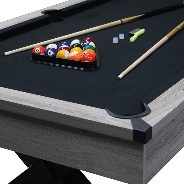 84" Pool Table with Billiard Balls, Cues, Pool Cue Chalk, Cleaning Brush, X-Legs, Black Cloth, Rustic Grey - Image 7