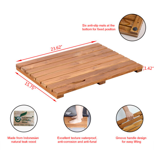 Solid Teak Wood Bathroom Shower Mat Bathroom Anti-Slip Mat for Bathroom, Outdoor "L23.6-W15.7" - Image 6