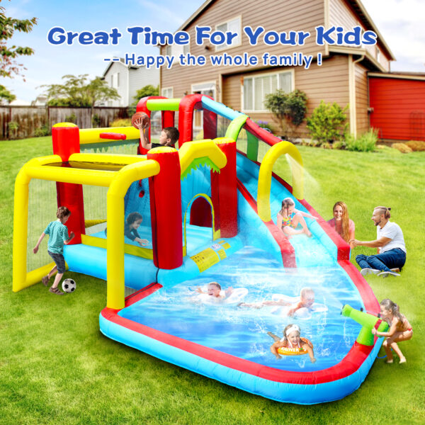 Backyard bounce house with climbing wall and basketball hoop