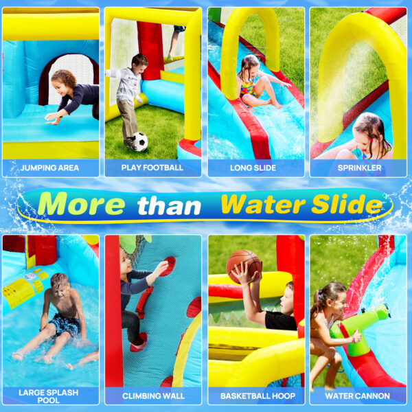 Children enjoying water gun and soccer goal in inflatable playset