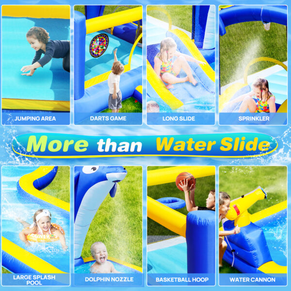 Backyard bounce house with water slide and basketball hoop