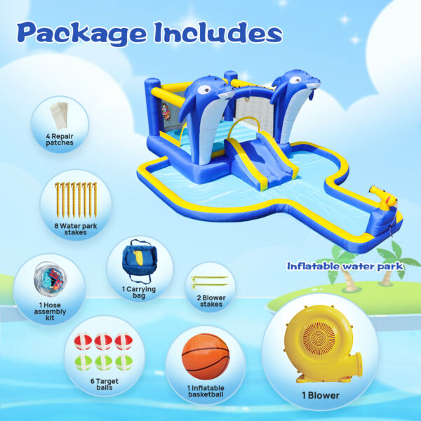 8-in-1 Inflatable Water Park & Bounce House with Dolphin Sprinkler, Target Games, Water Gun & Basketball – Outdoor Fun for Kids - Image 3