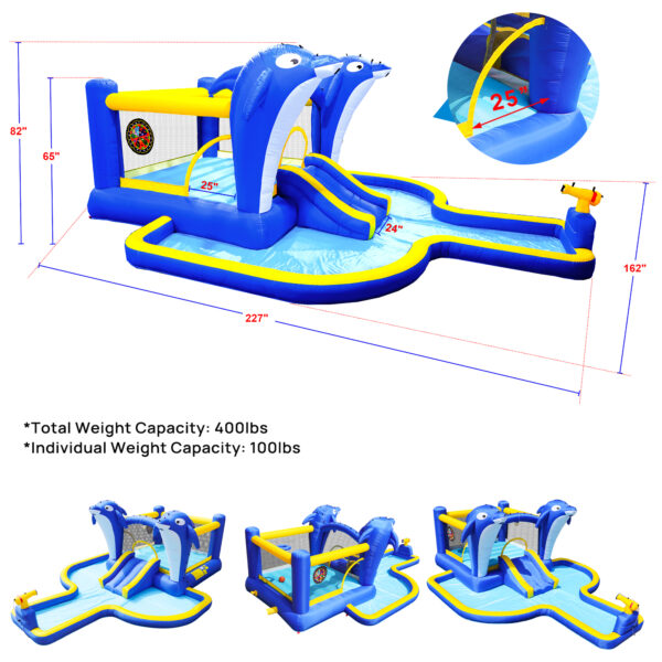 8-in-1 Inflatable Water Park & Bounce House with Dolphin Sprinkler, Target Games, Water Gun & Basketball – Outdoor Fun for Kids - Image 4