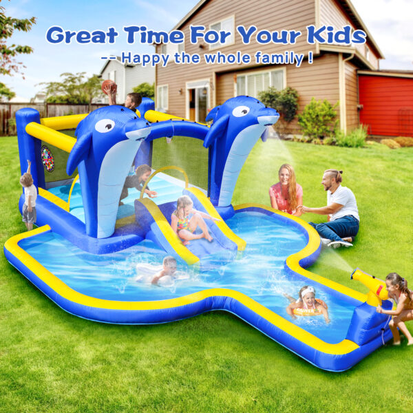 8-in-1 Inflatable Water Park & Bounce House with Dolphin Sprinkler, Target Games, Water Gun & Basketball – Outdoor Fun for Kids - Image 6