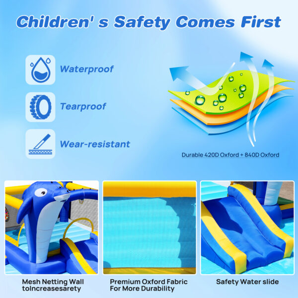 8-in-1 Inflatable Water Park & Bounce House with Dolphin Sprinkler, Target Games, Water Gun & Basketball – Outdoor Fun for Kids - Image 7